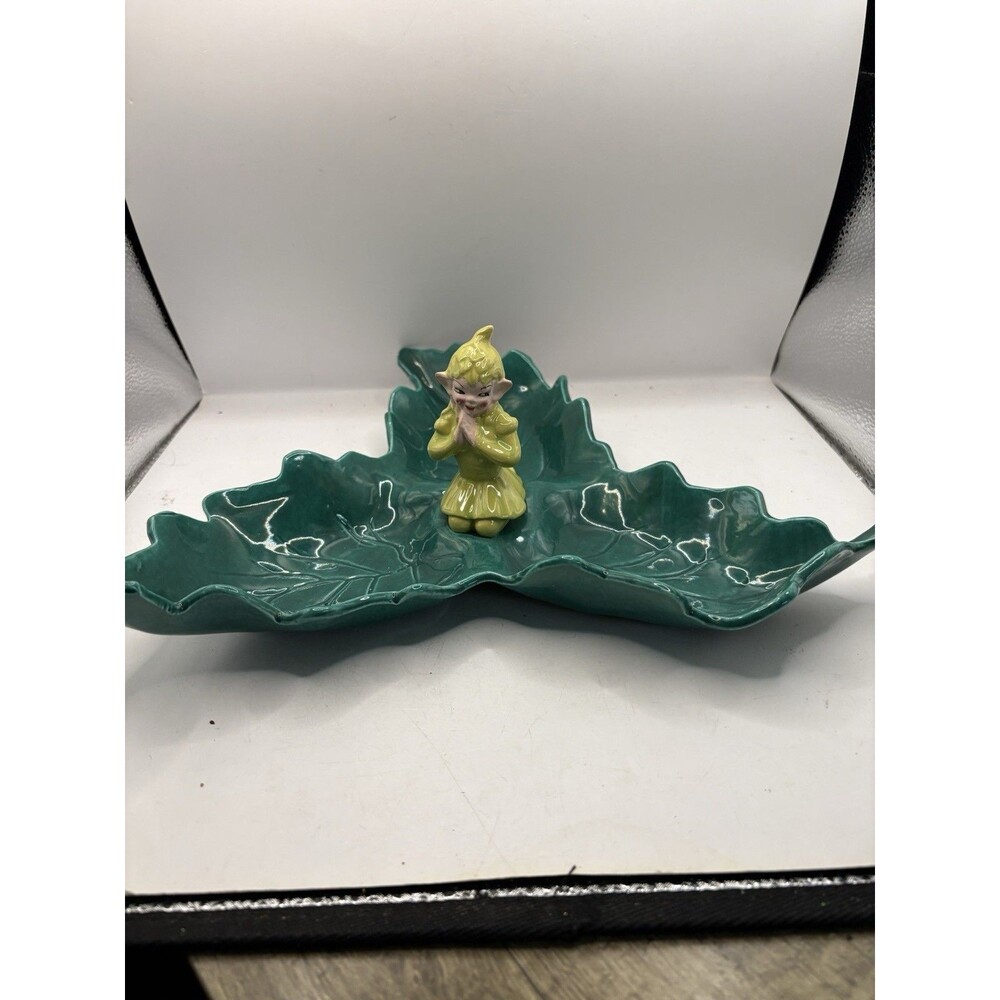 Vintage Gilner California Pottery Yellow Pixie Elf divided 3 Green Leaf Dish